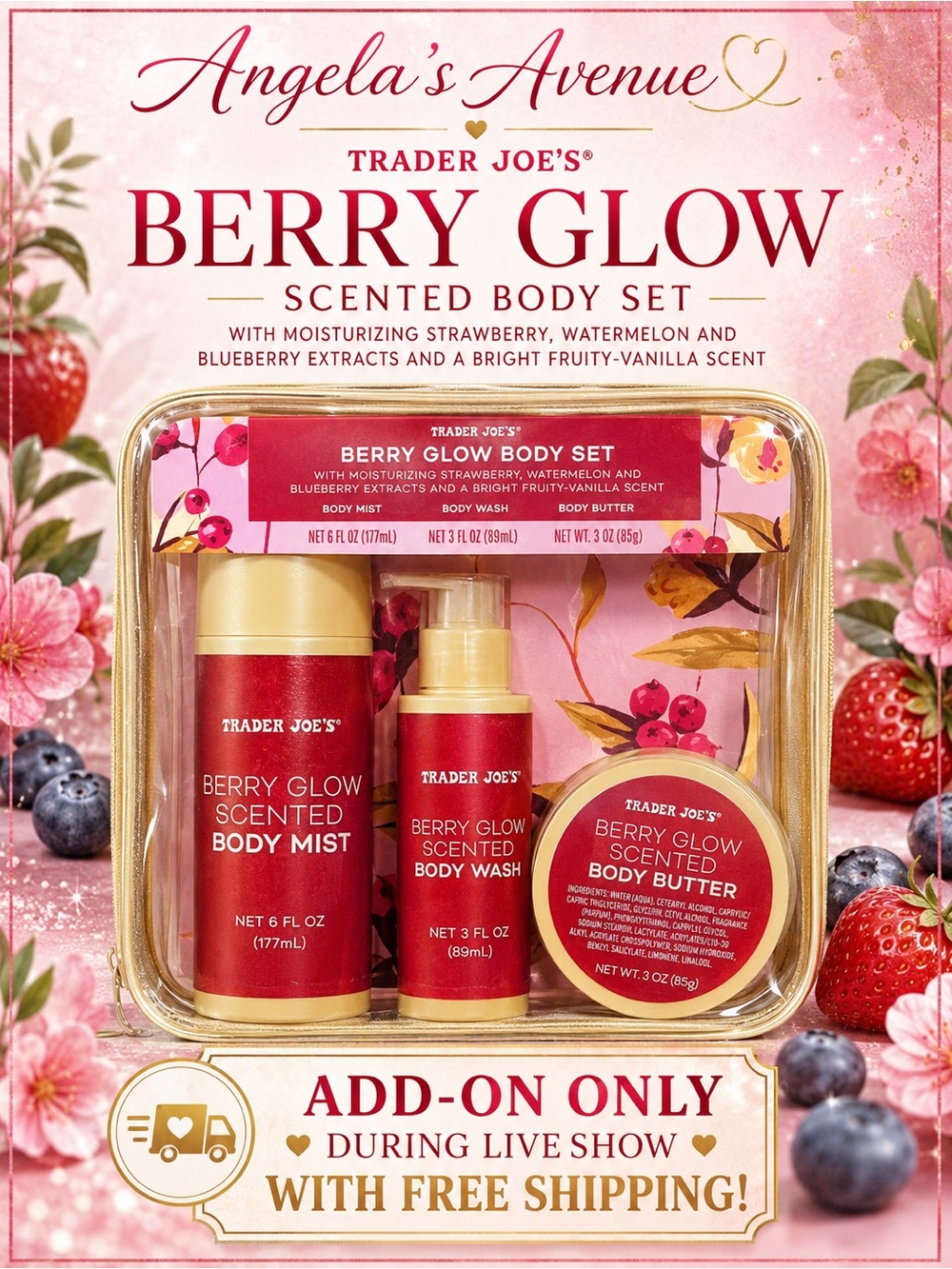 𝐀𝐃𝐃-𝐎𝐍 𝐎𝐍𝐋𝐘 𝐃𝐮𝐫𝐢𝐧𝐠 𝐒𝐡𝐨𝐰 Trader Joe's Berry Glow Scented Body Wash Set 𝐅𝐑𝐄𝐄 𝐒𝐇𝐈𝐏